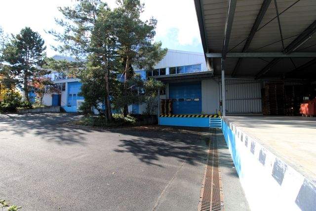 Zwei verbundene Lagerhallen mit Hochregalen und Laderampe - Rampe