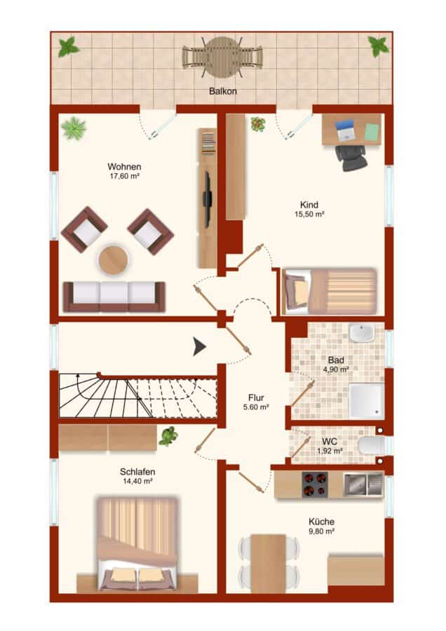 Renovierte Wohnung mit großzügigem Balkon und Einbauküche - Grundriss