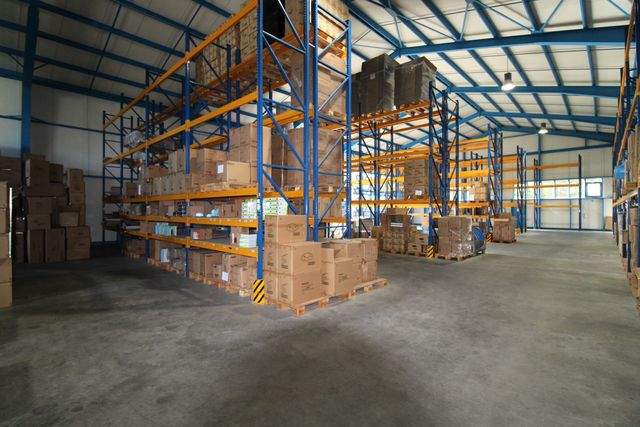 Zwei verbundene Lagerhallen mit Hochregalen und Laderampe - Halle 1