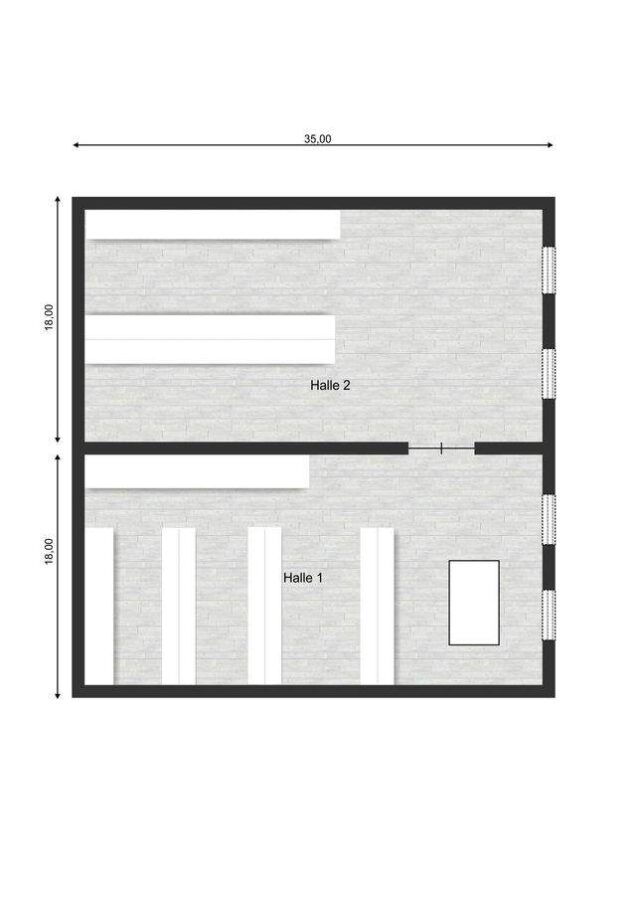 Zwei verbundene Lagerhallen mit Hochregalen und Laderampe - Grundriss Halle