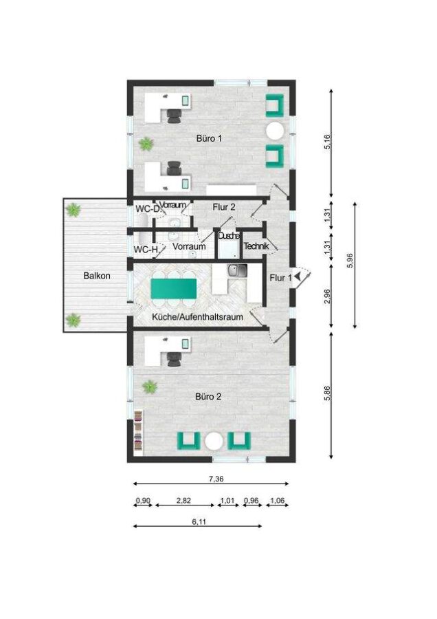 Zwei verbundene Lagerhallen mit Hochregalen und Laderampe - Grundriss Büro