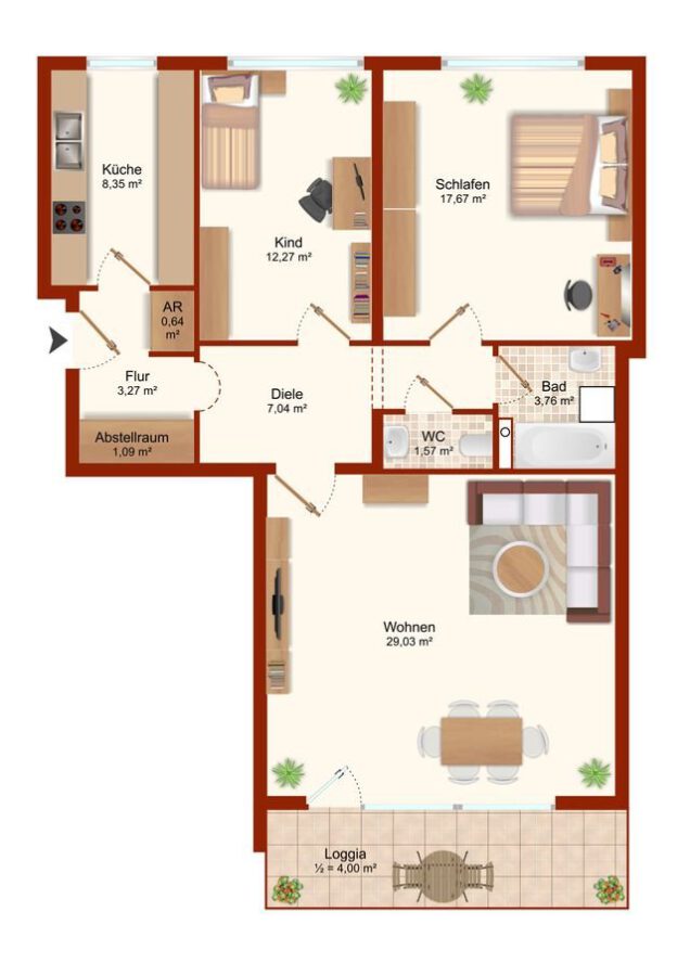 Ideal geschnittene 3-Zimmer Wohnung mit Loggia im beliebten St. Johannis - Grundriss