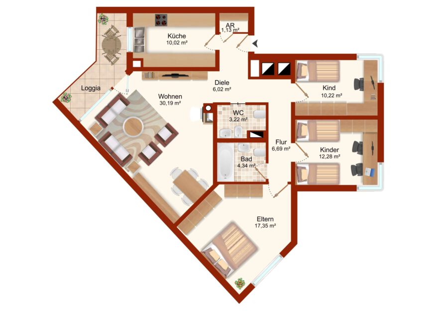 Ideal geschnittene 4-Zimmerwohnung in gepflegter Wohnanlage - Grundriss